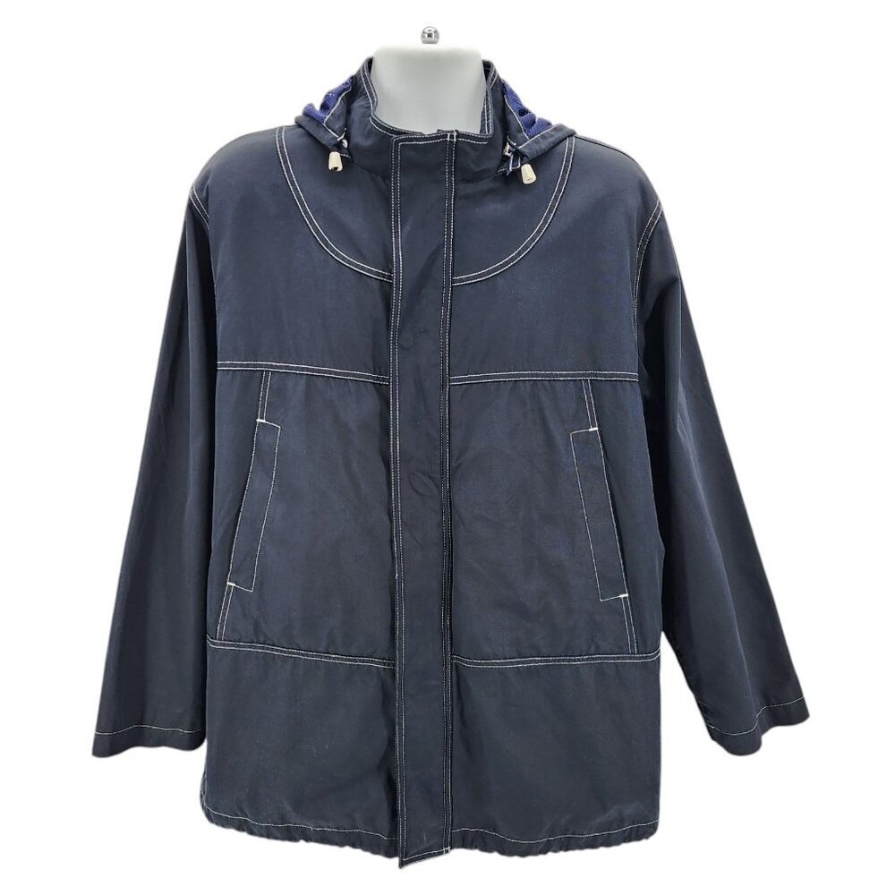 Hickey Freeman Navy Blue Hooded Zipper Snap Button Jacket Mens Large
